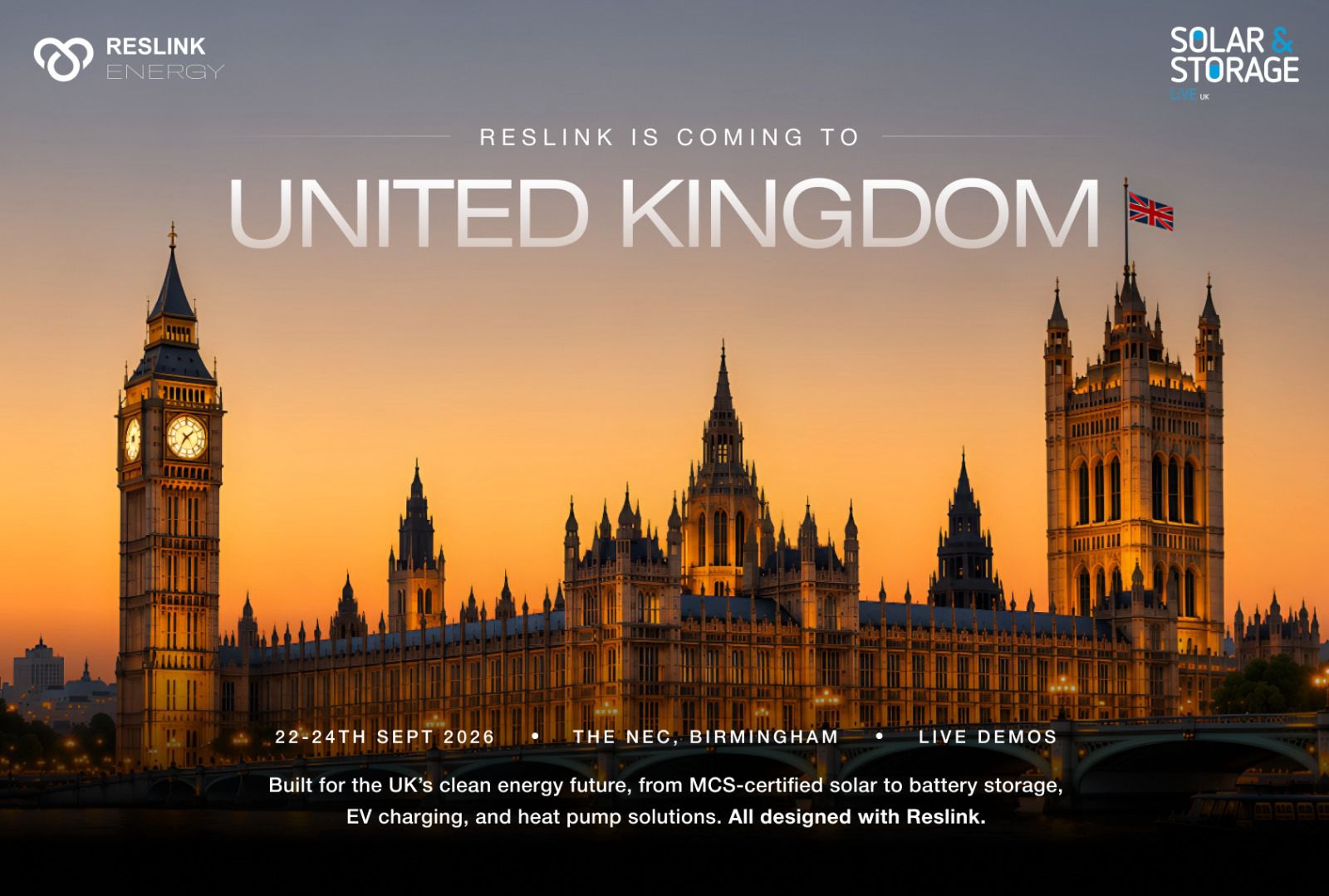 Reslink is coming to the United Kingdom — Solar & Storage Live UK, 22–24 September 2026, The NEC Birmingham