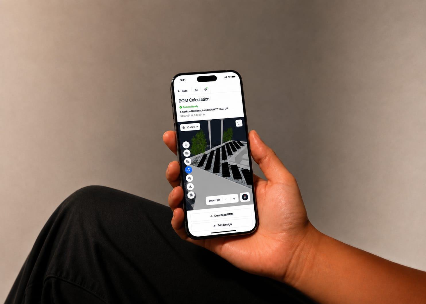 Reslink calculating a full bill of materials from a 3D design on a phone