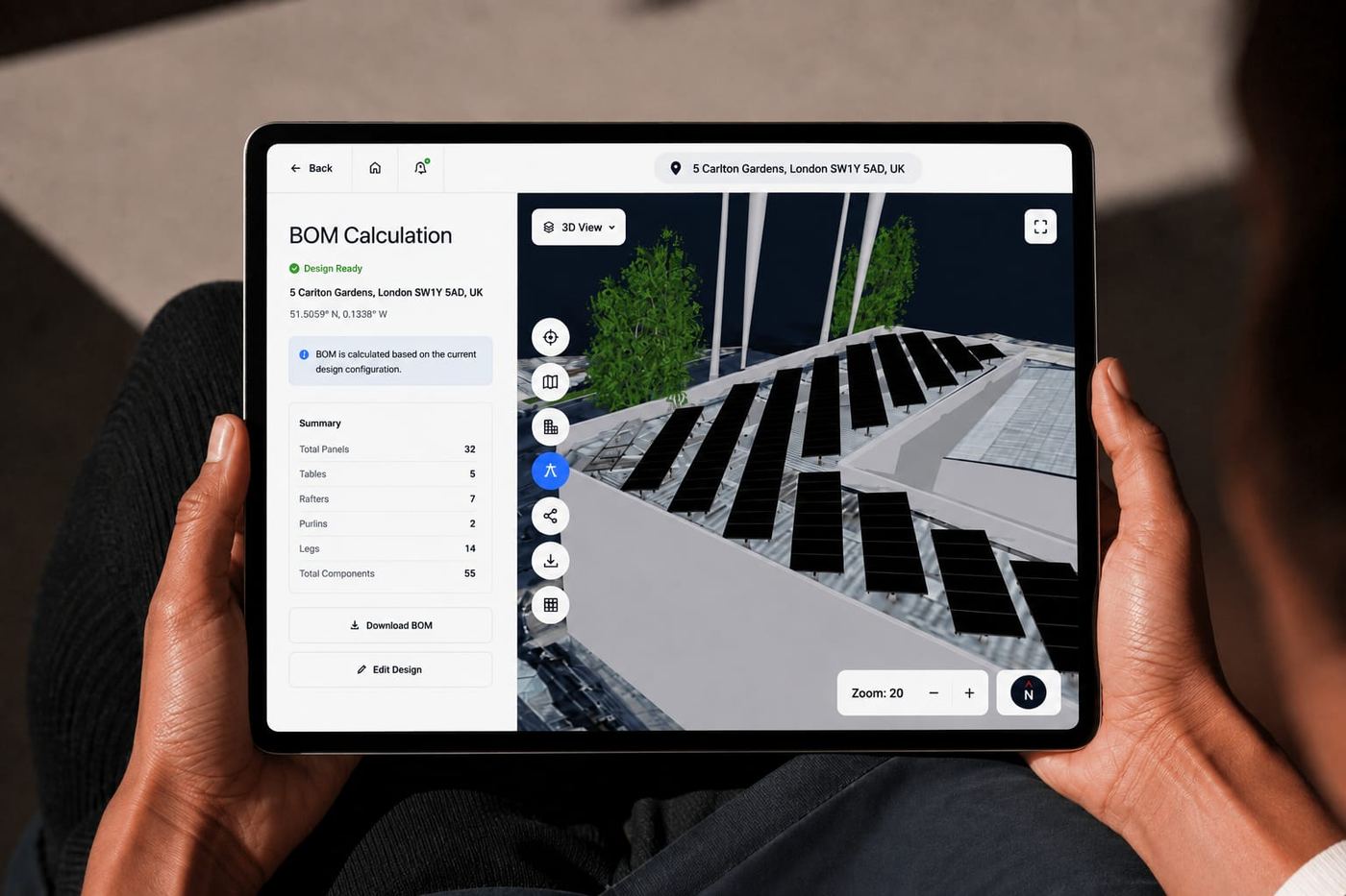 Bill of materials calculated live from a 3D solar design
