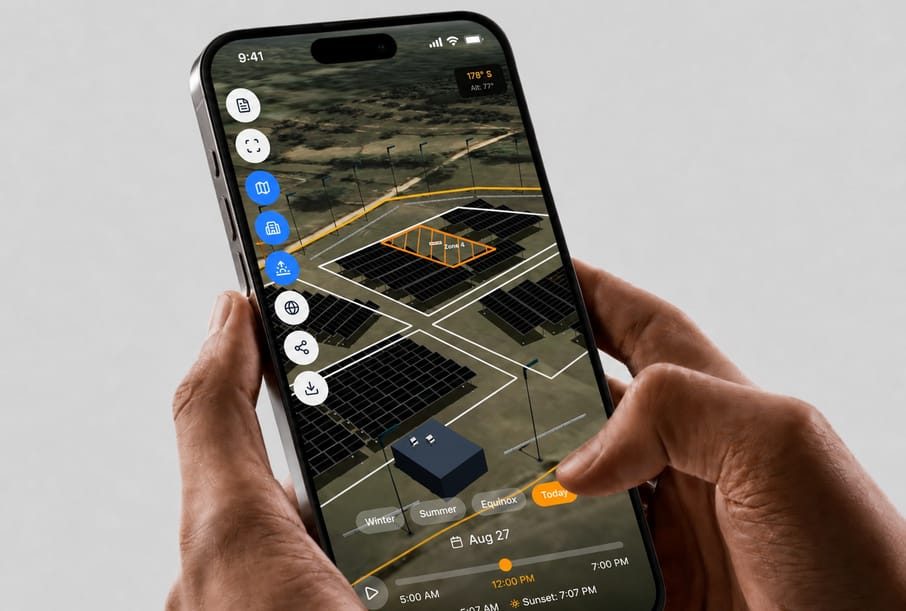 Live 3D solar simulation running on a phone on site