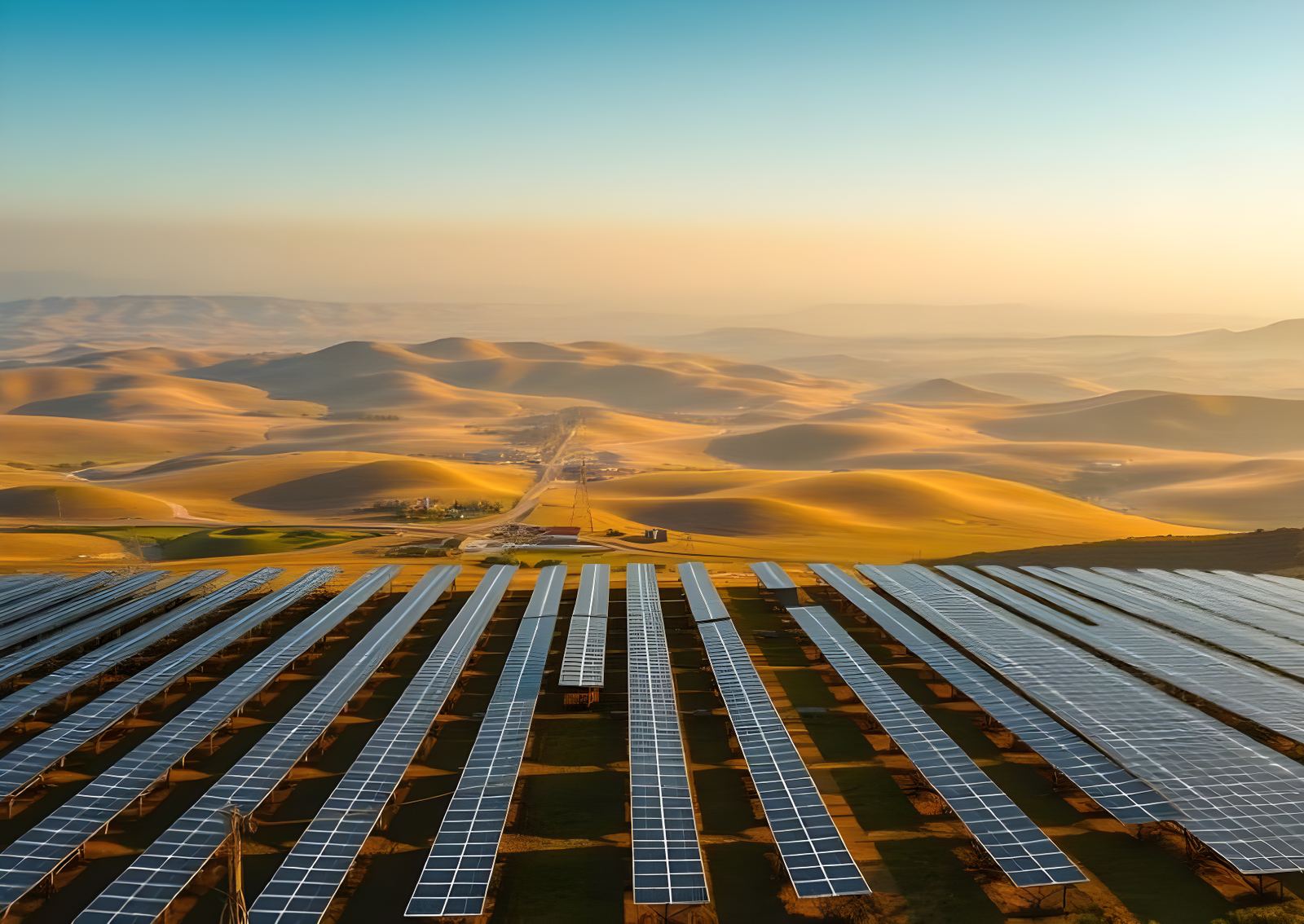 Aerial view of a large ground-mount solar farm at sunrise