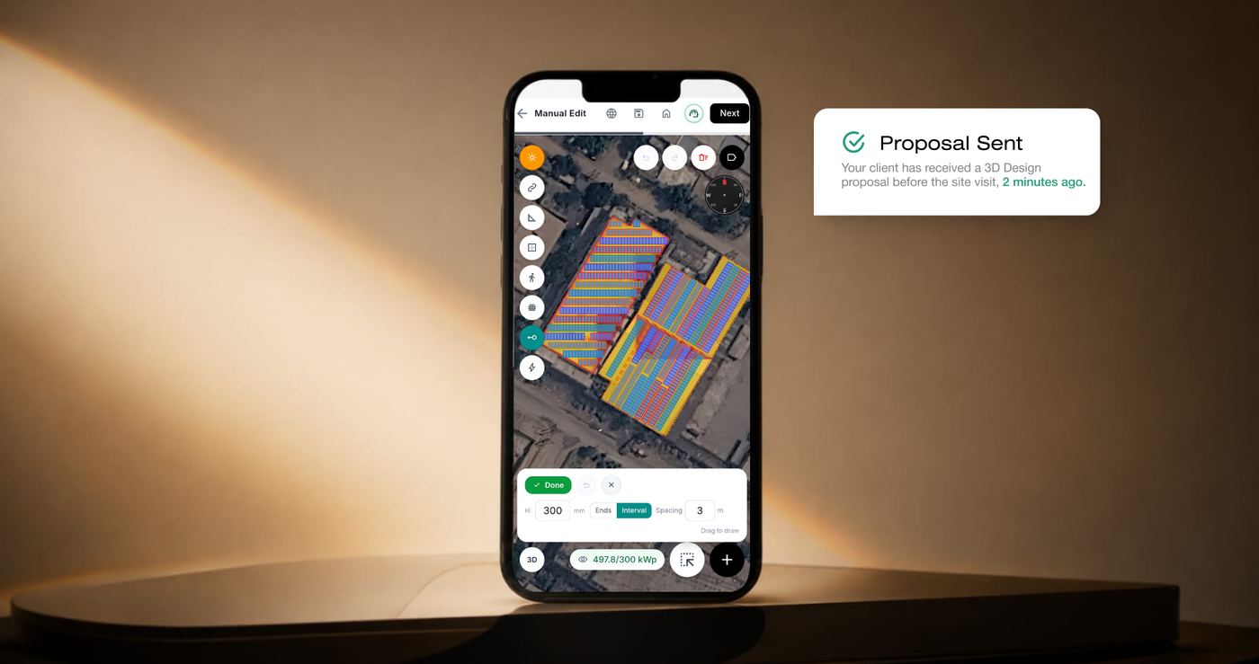 Phone showing a 3D solar design and a proposal-sent confirmation