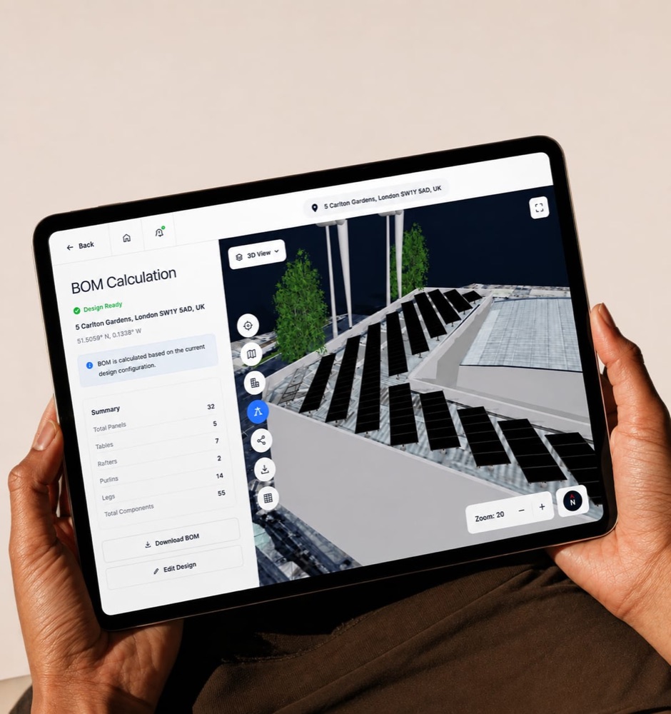 Reslink BOM calculation open on a tablet beside a 3D ground-mount array