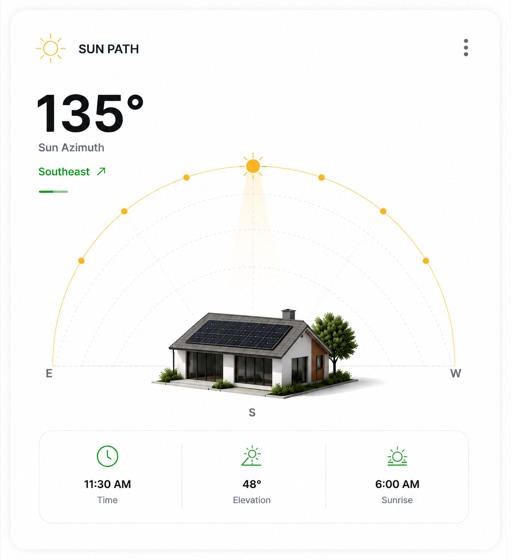 Sun path panel showing a 135 degree south-east azimuth over a 3D house