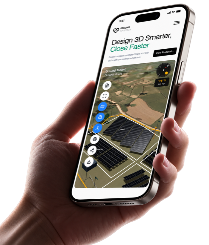 Reslink running a 3D ground-mount solar design on a phone