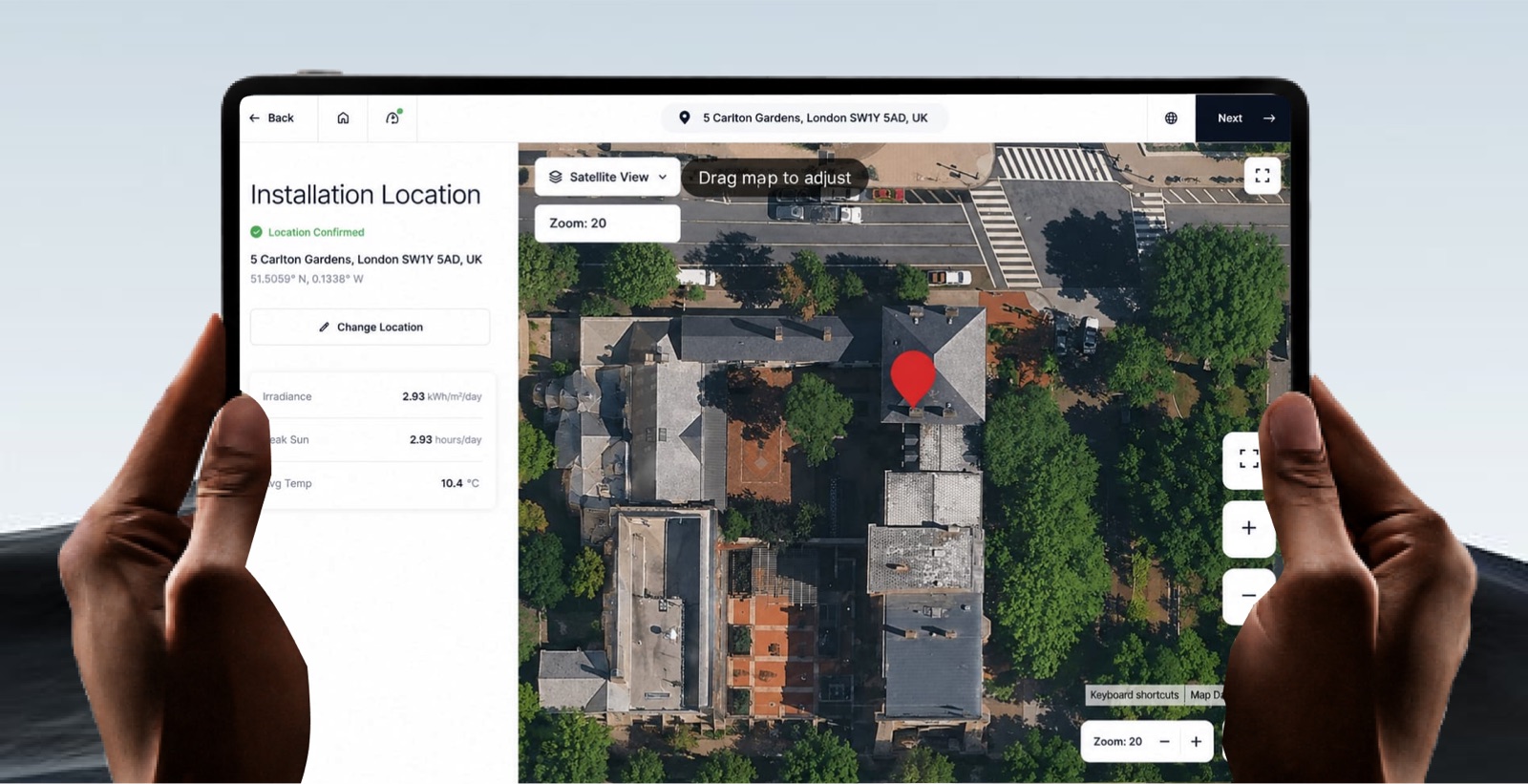 Reslink installation location screen with a satellite roof view, open on a tablet